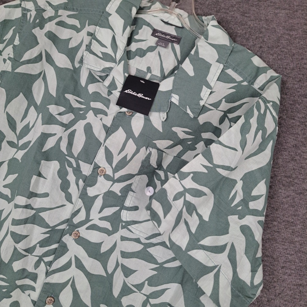 Eddie Bauer Baja Camp Shirt Mens Large Seafoam Green Botanical Leaf Print NEW